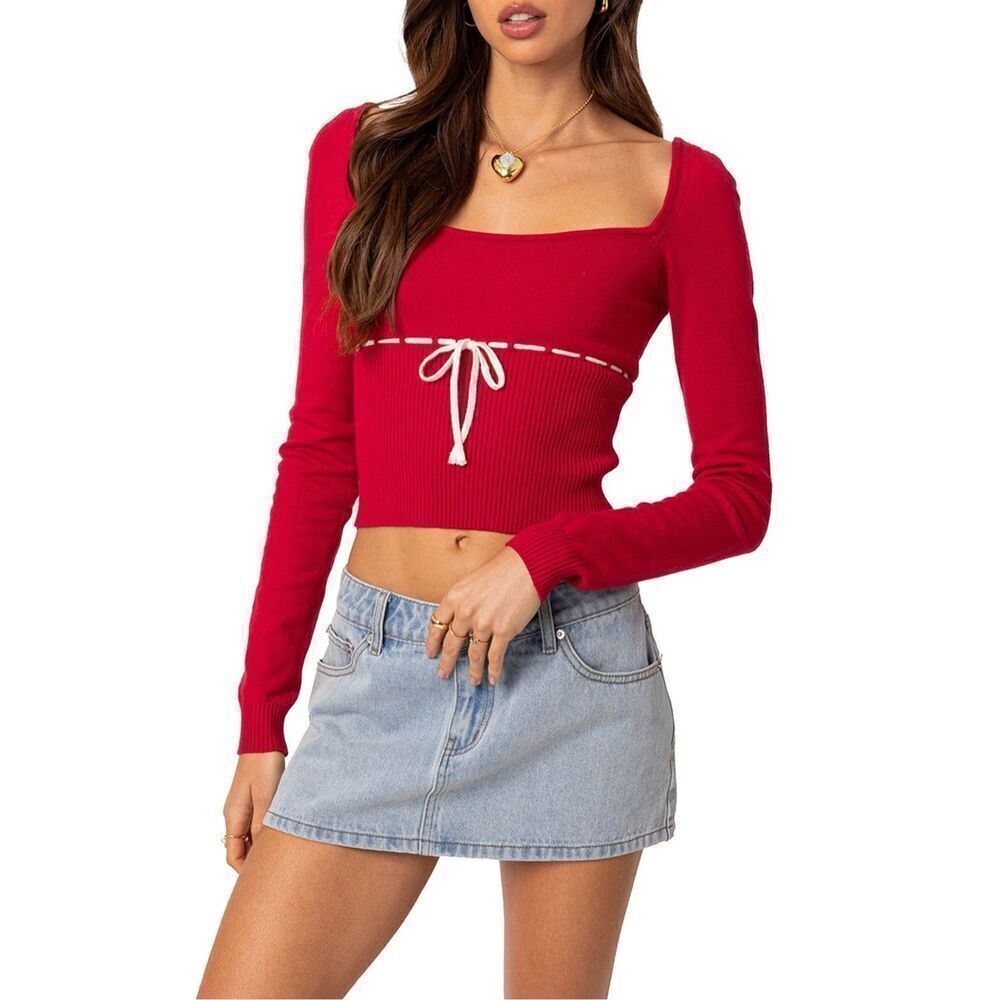 HESPERUS Natasha Square Neck Long Sleeve Knit Top in Red- sweater size S
